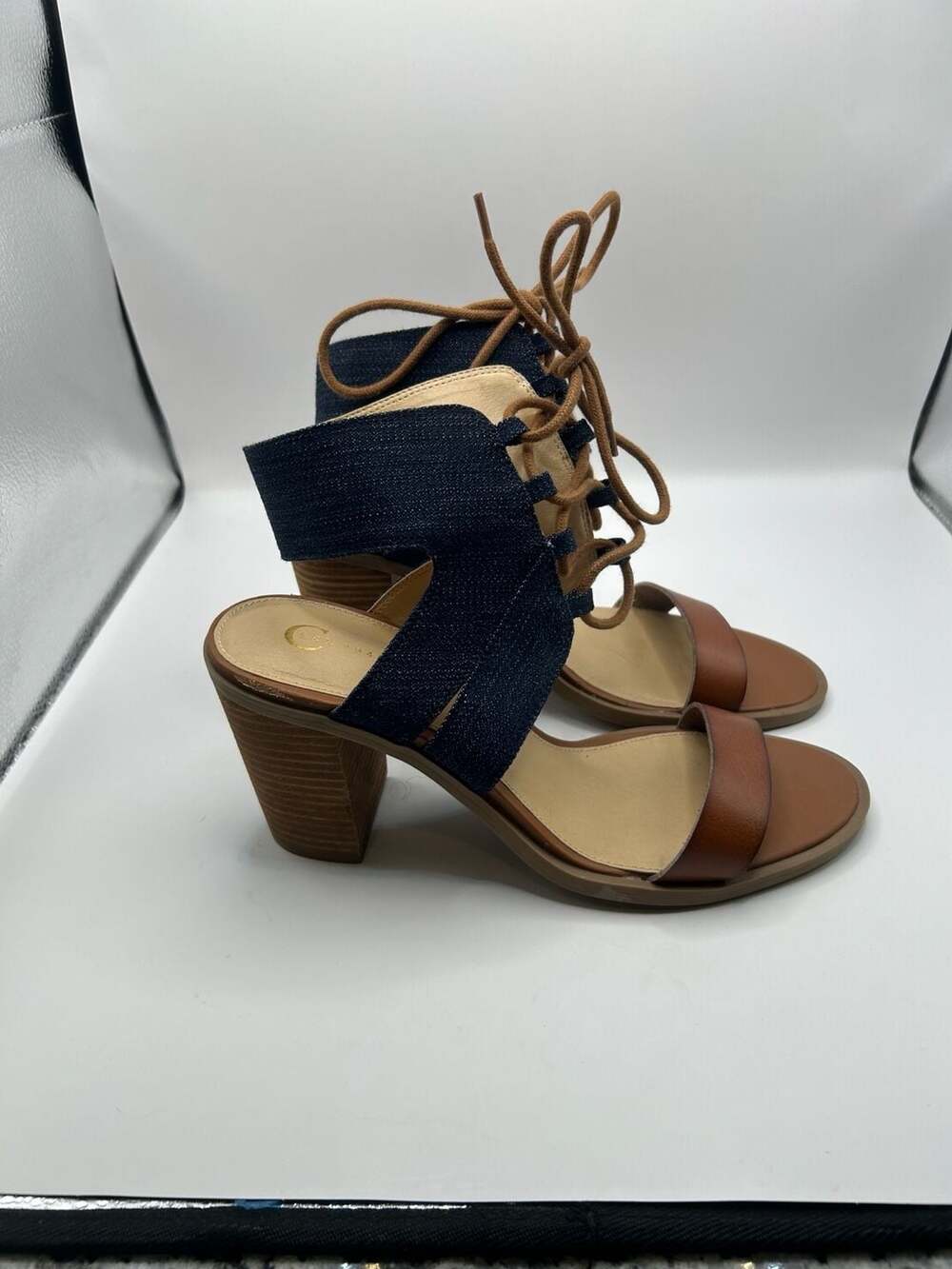 Womens Denim Lace Up Block Heel Sandals Size 10 Brown Strap Casual Summer - Picture 5 of 9